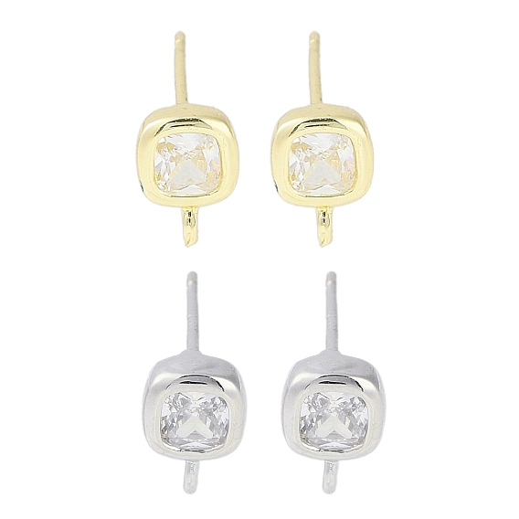 Фурнитура для серег-гвоздиков из латуни с паве из прозрачного кубического циркония, без кадмия, без никеля и без свинца, с петлей, квадратный