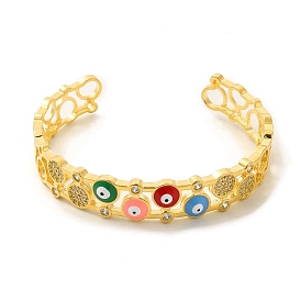 Colorful Enamel Evil Eye Open Cuff Bangle with Cubic Zirconia, Brass Jewelry for Women