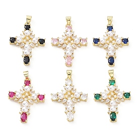 Brass Pave Cubic Zirconia with ABS Plastic Imitation Pearl Pendants, Real 18K Gold Plated, Cross