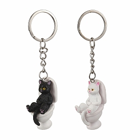 Alloy with PVC Plastic Cute Keychain, Cat Sitting on the Toilet