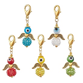 Angel Glass Seed Bead Pendant Decorations, Alloy Lobster Claw Clasps Charms for Bag Ornaments