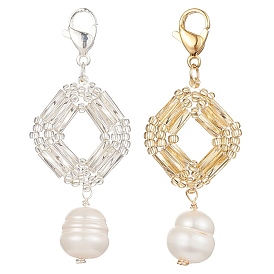 2 pcs 2 perles de rocaille en verre de couleurs et décoration pendentif en perles de culture d'eau douce naturelles, avec 304 acier inoxydable fermoir pince de homard, losange