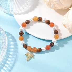 Браслеты с подвесками из латуни, Браслеты из круглых бусин натурального красного авантюрина, тигрового глаза и ракушечного жемчуга для мужчин и женщин