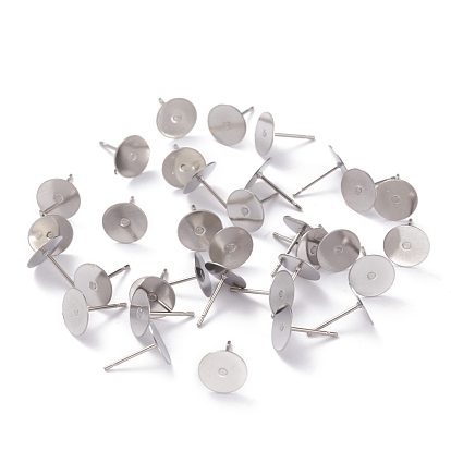 304 Stainless Steel Stud Earring Findings, with Flat Pad Earring Post, Flat Round