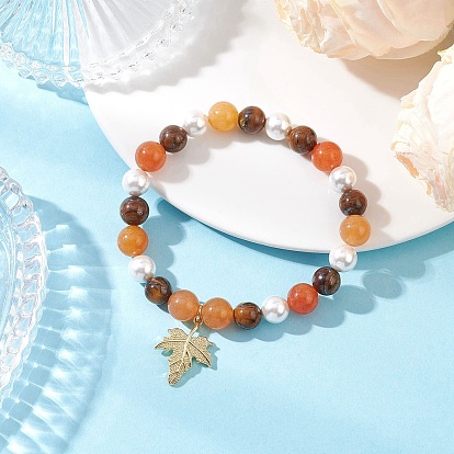 Браслеты с подвесками из латуни, Браслеты из круглых бусин натурального красного авантюрина, тигрового глаза и ракушечного жемчуга для мужчин и женщин