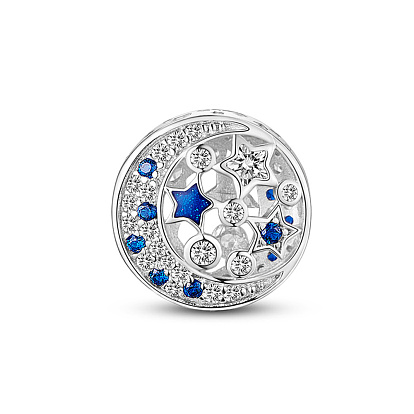 Tinysand 925 perle européenne en argent sterling, avec zircons, Plat rond avec lune et étoile