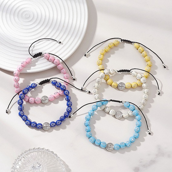 Плетеные браслеты из акриловых и сплавных бусин, плетеные браслеты из нейлоновых нитей для женщин и мужчин, круглый с крестом и плоский круглый с Иисусом и латинским крестом