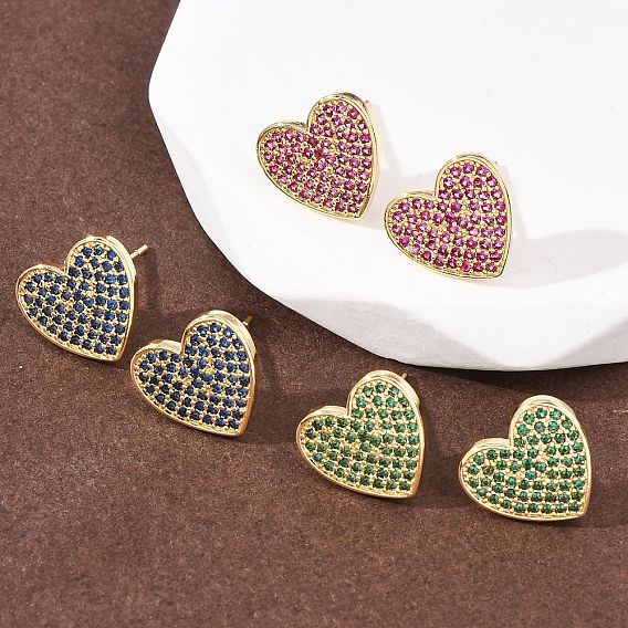 Сердце из латуни микро проложить кубического циркония серьги стержня, долговечный, стойки покрытие, без свинца и без кадмия, реальный 18 k позолоченный