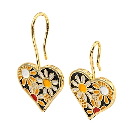 Rack Plating Brass Heart with Flower Dangle Earrings with Enamel, Cadmium Free & Lead Free