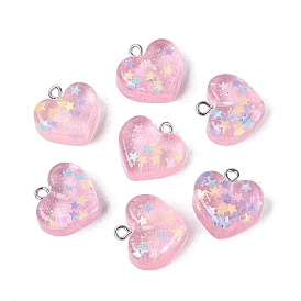 Прозрачные смоляные подвески, сердце со звездным шармом, с железными петлями платинового тона и блестящей пудрой