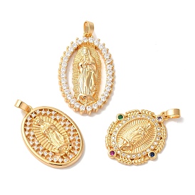 Brass Micro Pave Cubic Zirconia Pendants, Nickle Free, Round with Virgin Mary, Real 18K Gold Plated