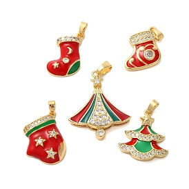 Christmas Theme Rack Plating Brass Cubic Zirconia Pendants, with Enamel, Long-Lasting Plated, Lead Free & Cadmium Free, Real 18K Gold Plated