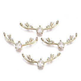 Brass Micro Pave Cubic Zirconia Pendants, Long-Lasting Plated, Deer Horn, Light Gold