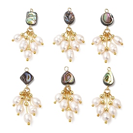 Natural Abalone Shell & Natural Freshwater Pearl Tassel Pendants, Geometric Charms, Mixed Shapes