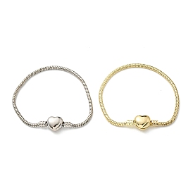 3MM Brass European Style Round Snake Chain Bracelets for Jewelry Making, with Heart Clasps