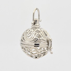 Filigree Round Brass Cage Pendants, For Chime Ball Pendant Necklaces Making