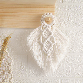 Cotton Rope Macrame Woven Tapestry Wall Hanging, Boho Style Hanging Ornament with Wood Ring Holder, for Home Decoration