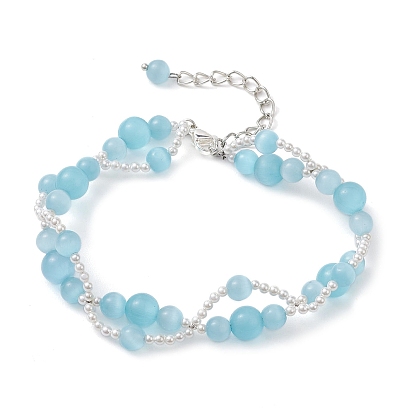 Round Cat Eye & Shell Pearl Beaded Bracelets, Beach Shell Shape Bracelets for Women