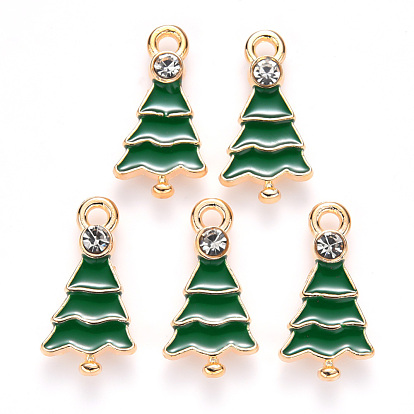 Alloy Enamel Pendants, with Crystal Rhinestone, for Christmas, Christmas Tree, Light Gold