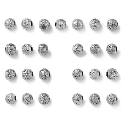 304 Stainless Steel Rhinestone European Beads, Round Large Hole Beads, Round with Letter