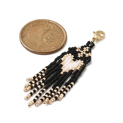 Handmade Loom Pattern Seed Beads Tassel Pendants Decoration, with 304 Stainless Steel Lobster Claw Clasps, Heart