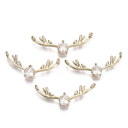 Brass Micro Pave Cubic Zirconia Pendants, Long-Lasting Plated, Deer Horn, Light Gold