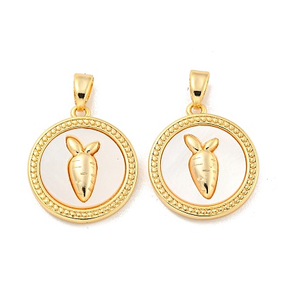 Natural White Shell Pendants, Rack Plating Brass Flat Round with Carrot Charms