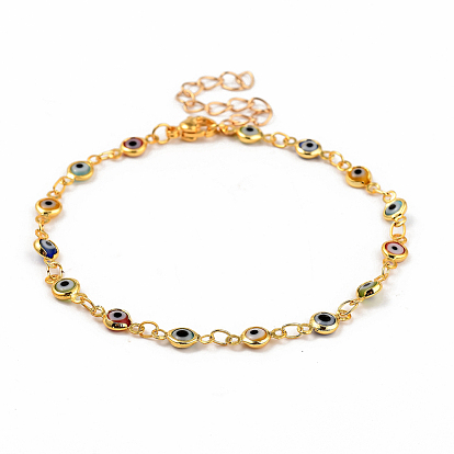 Brass Evil Eye Lampwork Link Bracelets, with 304 Stainless Steel Lobster Claw Clasps