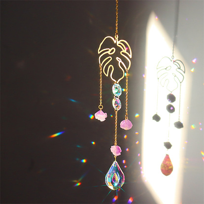 Iron Hollow Big Pendant Decorations, Hanging Sun Catchers, K9 Crystal Glass, with Brass Findings, for Garden, Wedding, Lighting Ornament, Flower/Leaf/Teardrop/Moon/Eye/Tree Shape