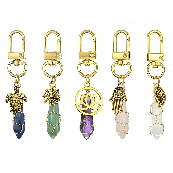 5Pcs 5 Style Copper Wire Wrapped Gemstone Bullet Pendant Decorations, Tibetan Style Alloy and Swivel Clasps Charms, Mixed Shapes