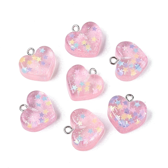 Прозрачные смоляные подвески, сердце со звездным шармом, с железными петлями платинового тона и блестящей пудрой