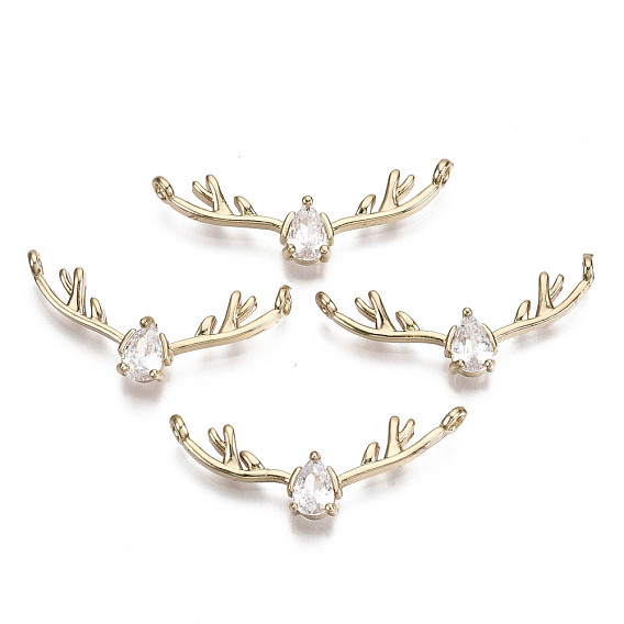 Brass Micro Pave Cubic Zirconia Pendants, Long-Lasting Plated, Deer Horn, Light Gold