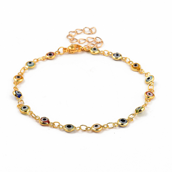 Brass Evil Eye Lampwork Link Bracelets, with 304 Stainless Steel Lobster Claw Clasps