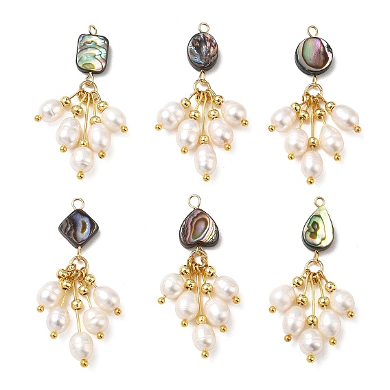 Natural Abalone Shell & Natural Freshwater Pearl Tassel Pendants, Geometric Charms, Mixed Shapes