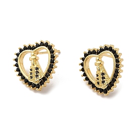 Heart with Saint Black Cubic Zirconia Stud Earrings, Rack Plating Brass Jewelry for Women, Lead Free & Cadmium Free