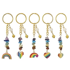 Rainbow Color Alloy Enamel Pendant Keychains, with Chakra Gemstone Chip Beads for Women Bag Car Key Pendant, Rainbow/Heart