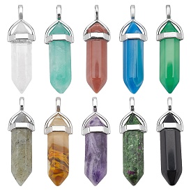 10Pcs 10 Style Natural & Synthetic Gemstone Double Terminated Pointed Pendants, with Random Brass Pendant Hexagon Bead Cap Bails, Bullet, Platinum