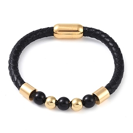 Round Natural Black Onyx(Dyed & Heated) Beads Braided Leather Cord Bracelets, with Ion Plating(IP) 304 Stainless Steel Magnetic Clasps, for Men Women