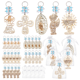 Брелки с жемчужными бусинами из дерева и АБС-пластика, с железными брелоками и подарочными пакетами из органзы, ангел, крест и солнце