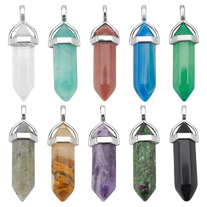 10Pcs 10 Style Natural & Synthetic Gemstone Double Terminated Pointed Pendants, with Random Brass Pendant Hexagon Bead Cap Bails, Bullet, Platinum