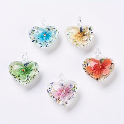 Handmade Lampwork Pendants, Inner Flower, Heart