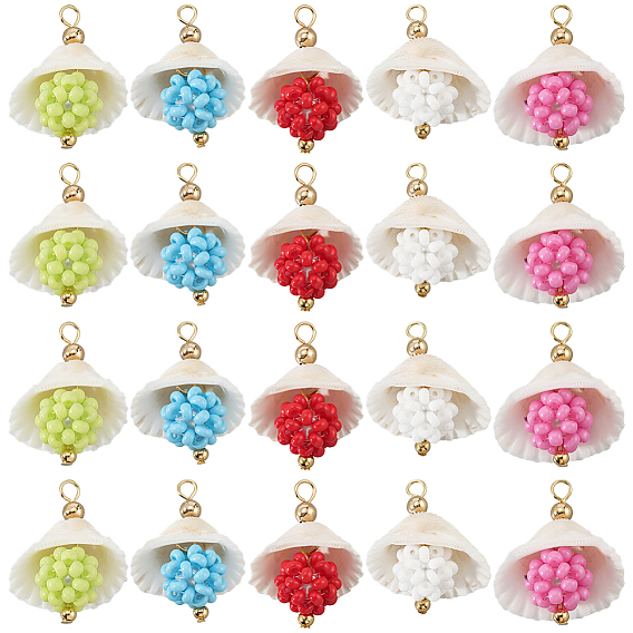 20 шт. 5 подвески из ракушек и стеклянных бусин разных цветов, с латунной бисера, подвески в форме ракушек, реальный 18 k позолоченный