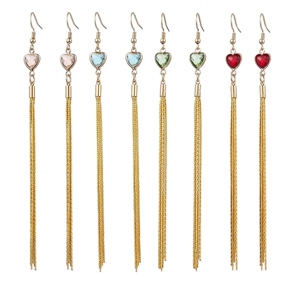 Серьги-подвески из стекла и латуни в виде цепочек «бостон», сердце, золотые