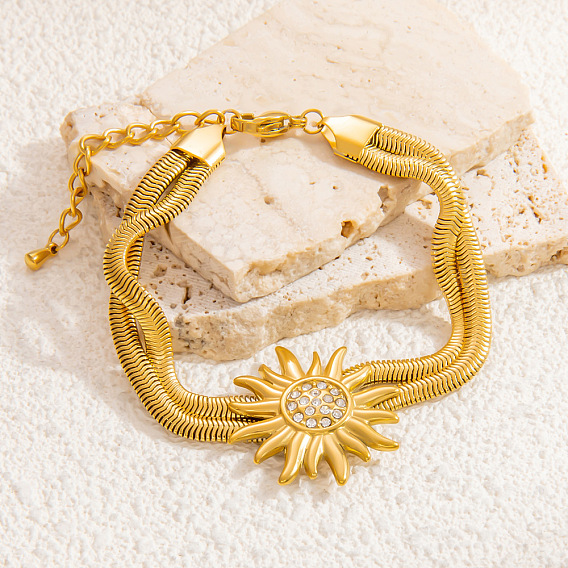 Подсолнух 304 многослойные браслеты из нержавеющей стали, браслеты из змеиной цепи для женщин, со стразами