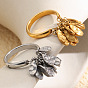 304 Stainless Steel Hammered Disc Tassel Finger Rings, Leaf