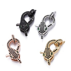 Brass Micro Pave Black & Green Cubic Zirconia Lobster Claw Clasp, Long-Lasting Plated, with Jump Rings, Snake Shape