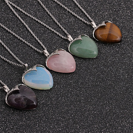 Heart-shaped Pendant Protein Stone Necklace with Crystal Tiger Eye and Green Dongling Peach Heart Stone