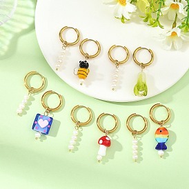 202 Stainless Steel Hoop Earrings, with 316 Surgical Stainless Steel Pin, Natural Pearl & Handmade Lampwork Pendants Dangle Earrings, Asymmetrical Earrings