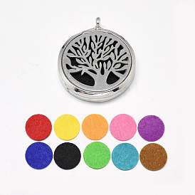 Alloy Diffuser Locket Pendants, with 304 Stainless Steel Findings and Random Single Color Non-Woven Fabric Cabochons Inside, Magnetic, Flat Round with Tree of Life