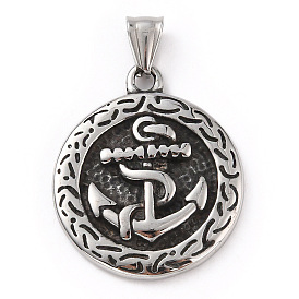 304 Stainless Steel Pendants, with 201 Stainless Steel Snap on Bails, Flat Round with Anchor Charm